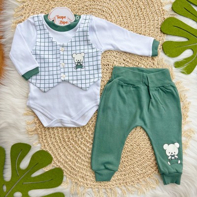  Kit 6 Peças - Ursinhos de Gravatinha - Verde e Branco